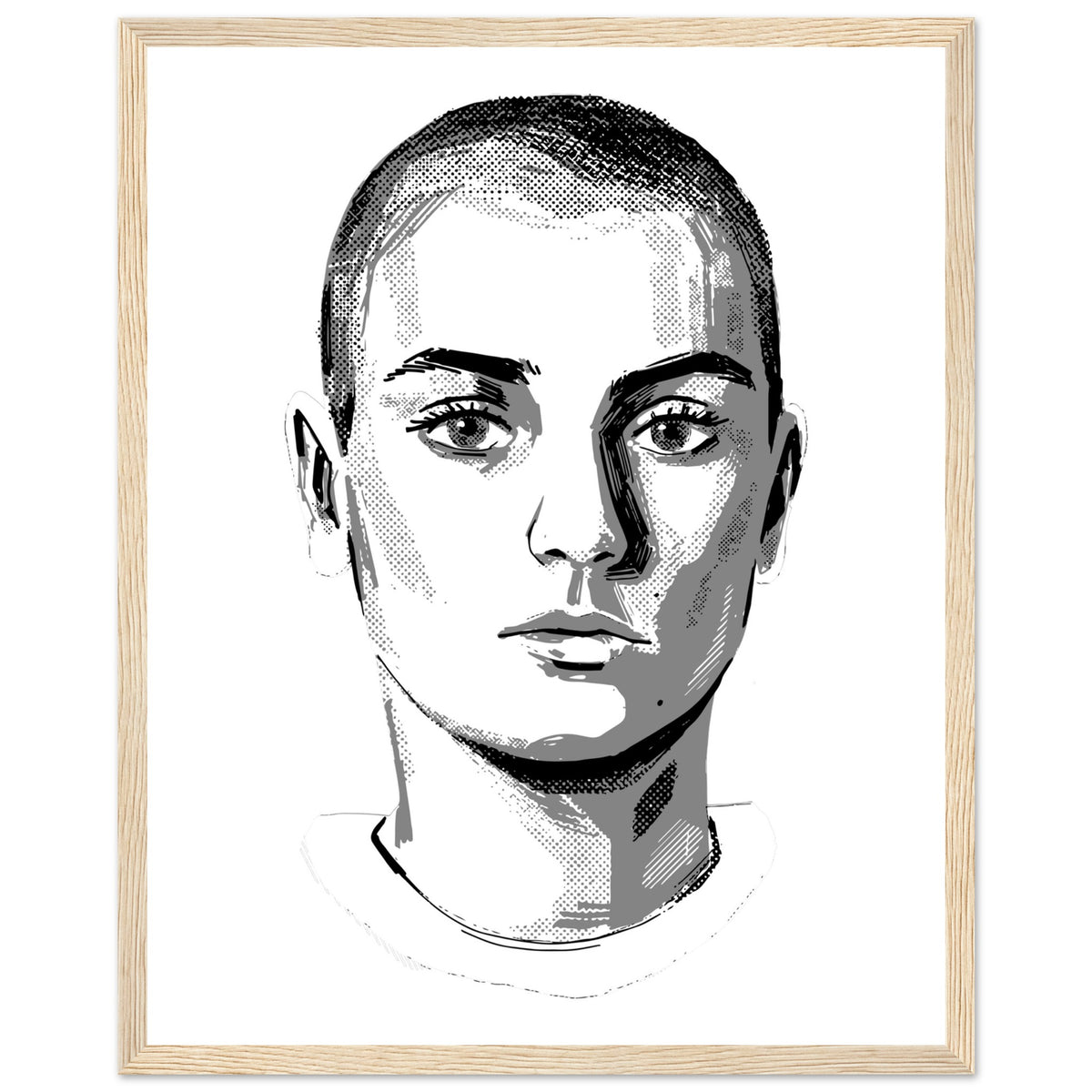 Sinéad O'Connor black and white portrait print in an oak frame, close-cropped hair and direct gaze