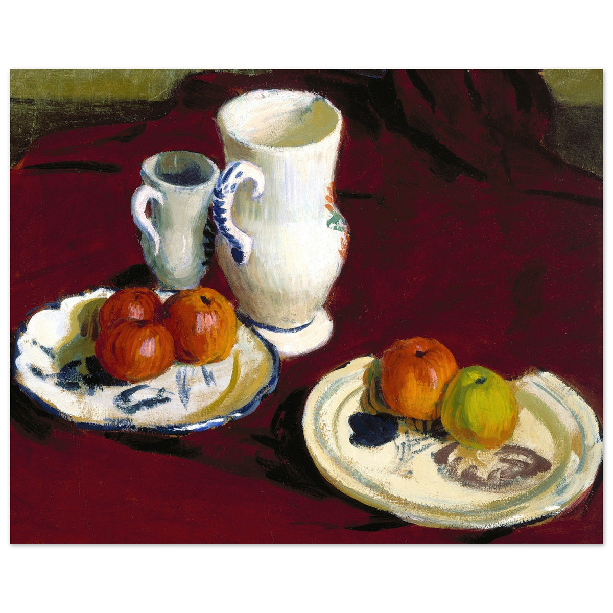 Roderic O'Conor still life of apples and jugs on a dark red cloth, full-bleed square print