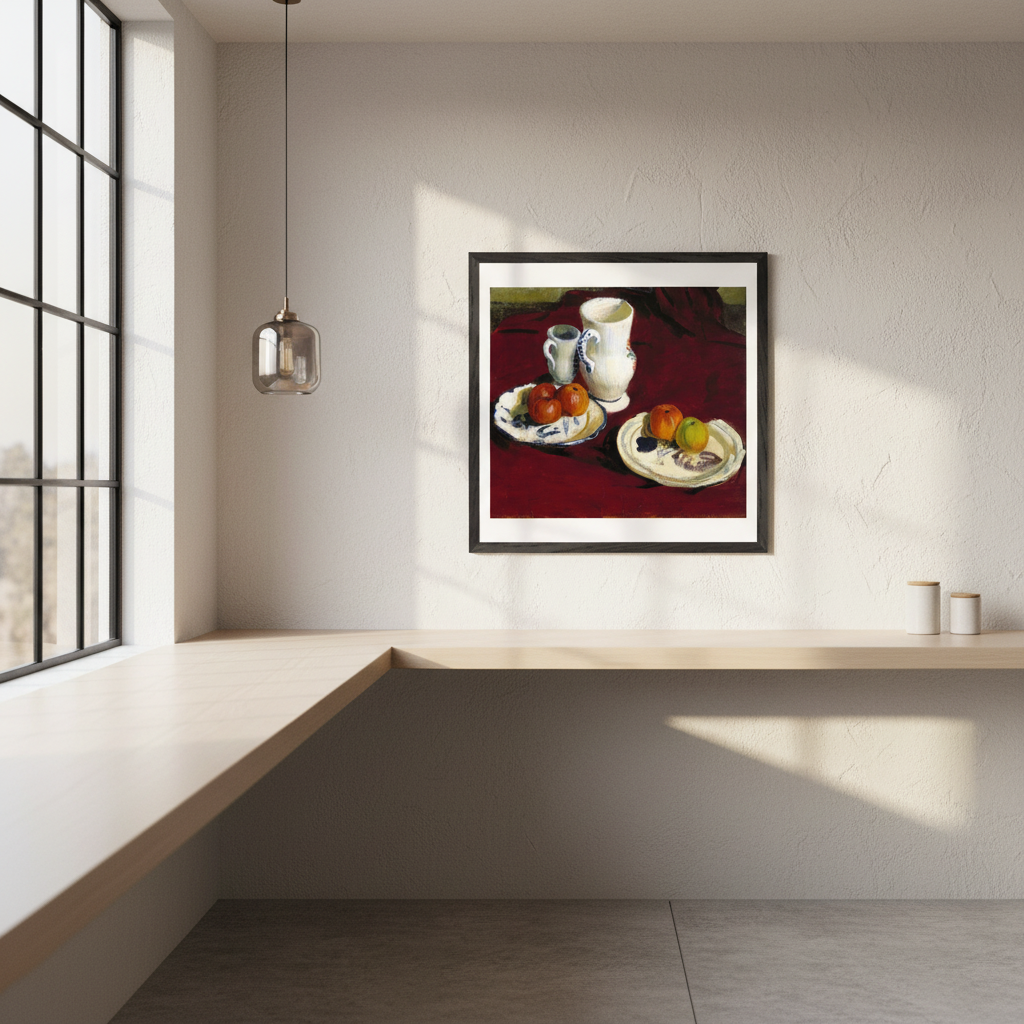 Apples and Breton Pots framed print in a black frame on a white wall above a long built-in desk
