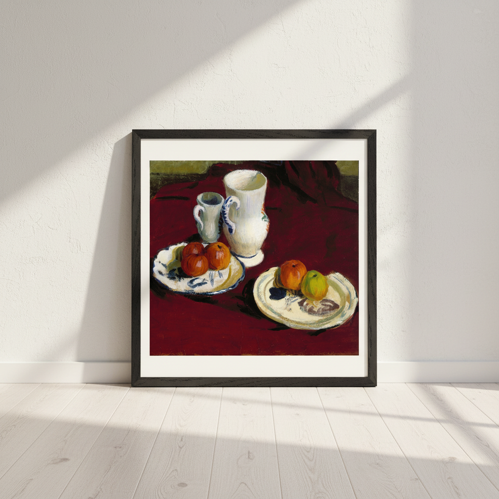 Apples and Breton Pots by Roderic O'Conor in a black frame with white mount leaning on a wall in a sunlit room