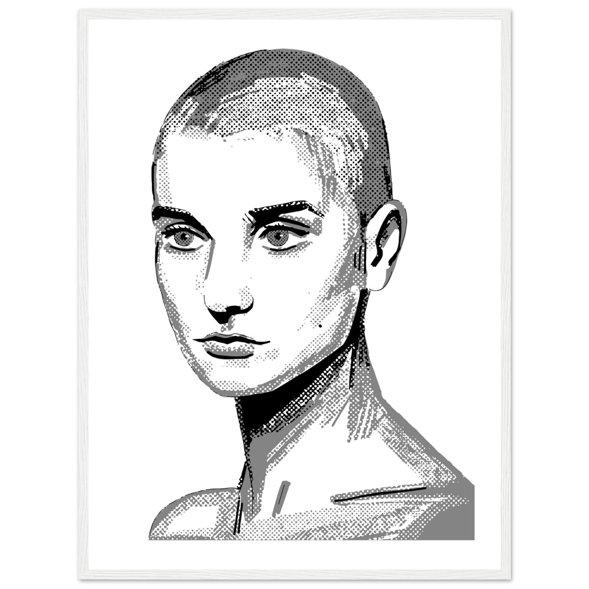 Sinéad O'Connor portrait drawing in black and white with shaved head, poster in a white frame