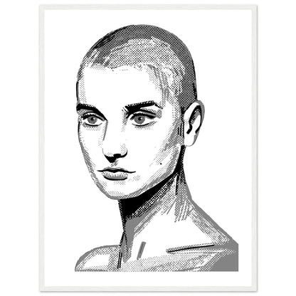 Sinéad O'Connor portrait drawing in black and white with shaved head, poster in a white frame