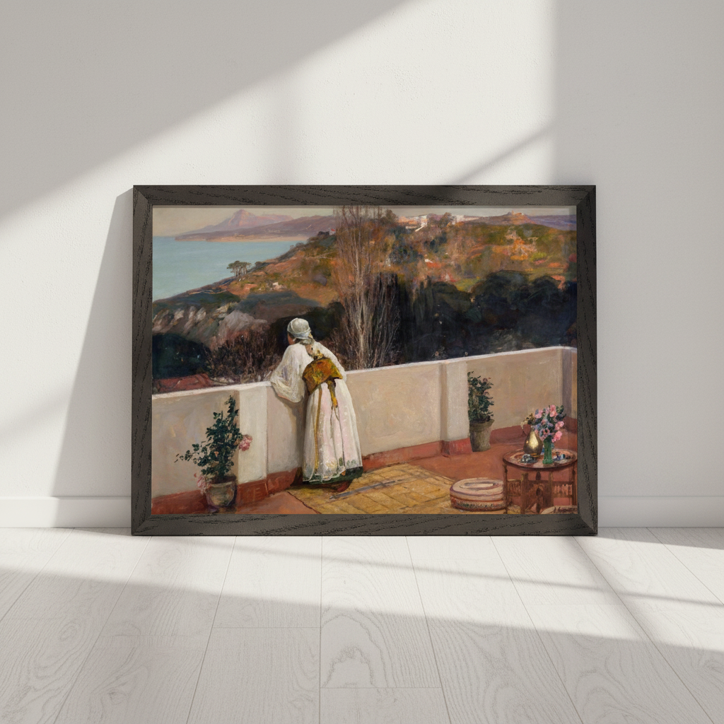 Evening, Tangier by Sir John Lavery in a dark wood frame leaning on a wall in a sunlit room