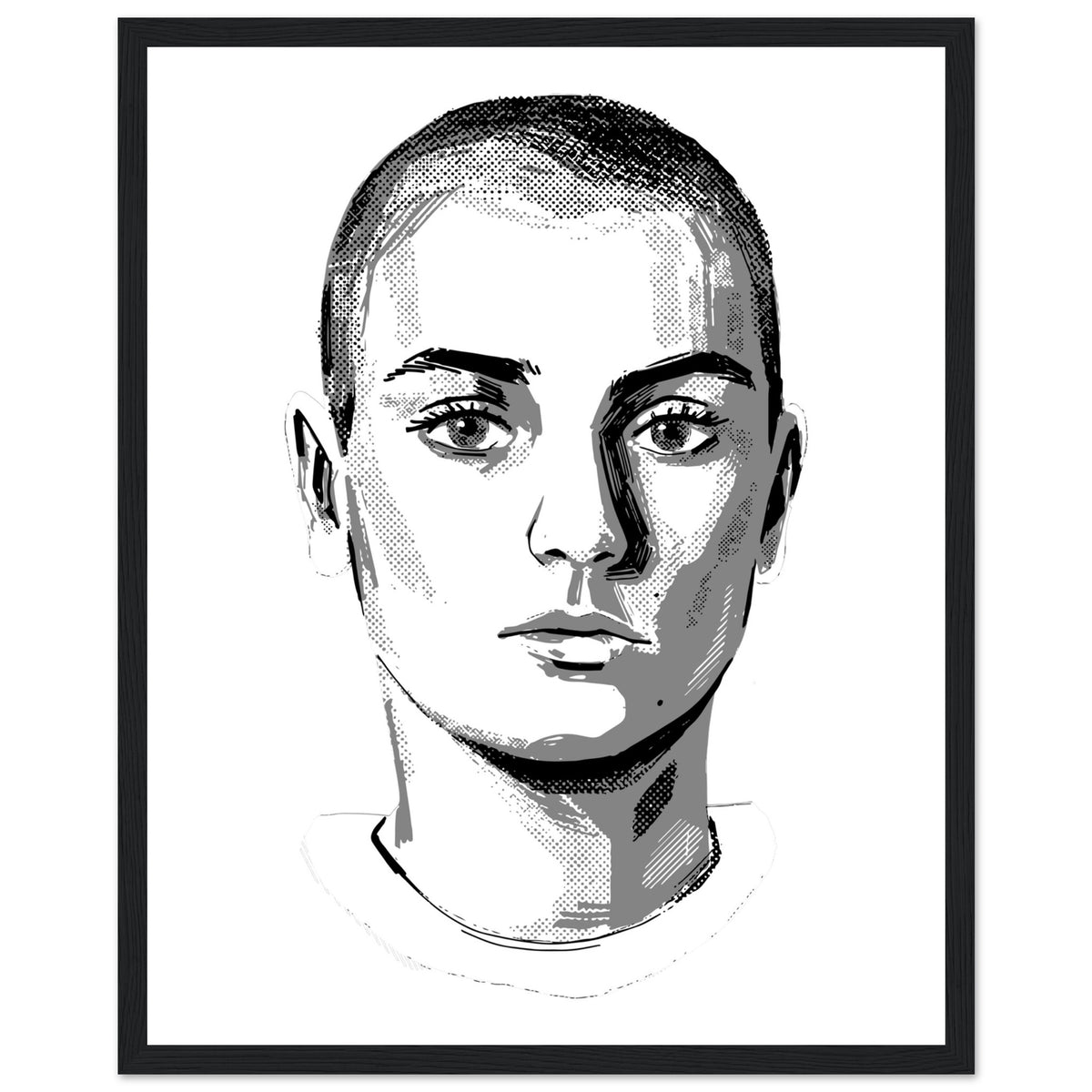 Sinéad O'Connor black and white portrait print in a black frame, the Irish singer in ink tones