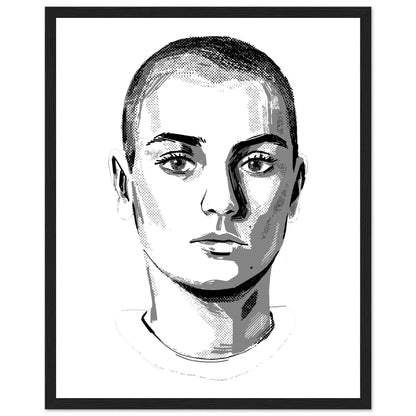 Sinéad O'Connor black and white portrait print in a black frame, the Irish singer in ink tones