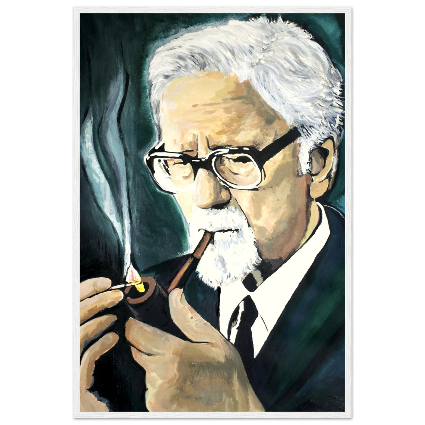 John Hewitt framed fine art print by Irish artist Ó Maoláin. This portrait captures the essence of John Hewitt, the renowned writer, as he leisurely smokes his pipe, a meaningful addition to any space, celebrating his impact on literature.