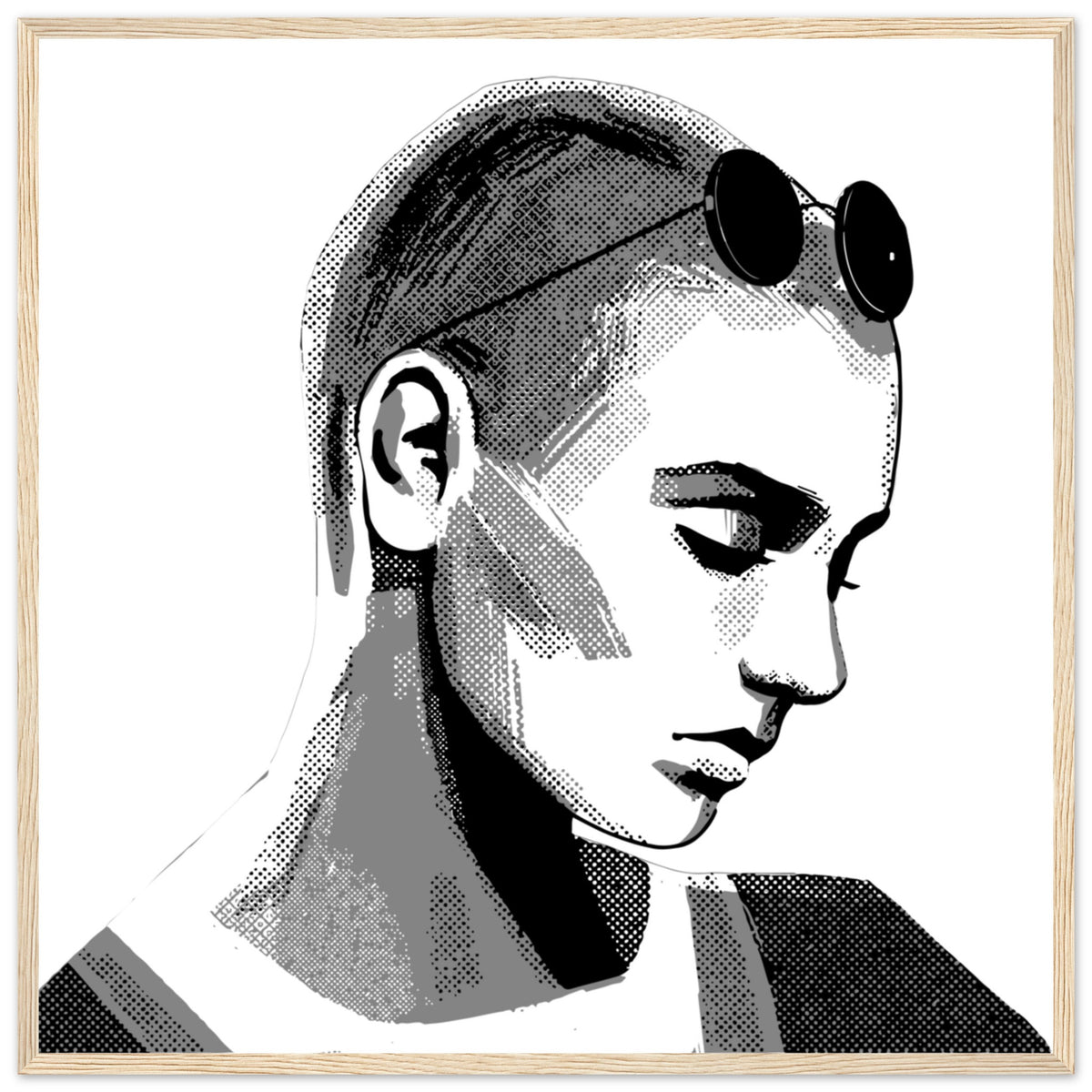 Sinéad O'Connor black and white portrait print in a natural oak frame, straight-on view