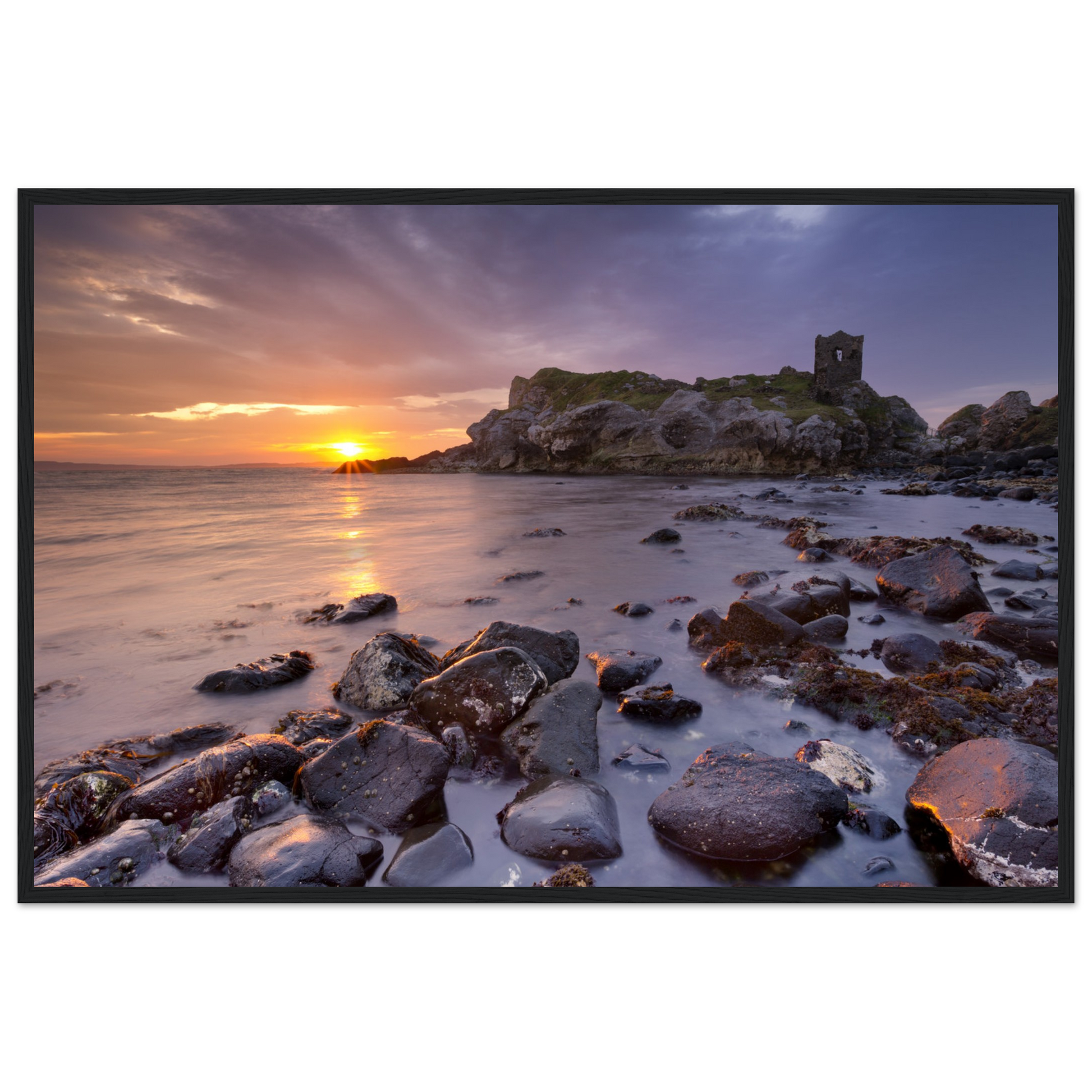 Framed wall art print of Kinbane Castle showcasing dramatic cliffside ruins above the North Atlantic waves. Perfect for adding a touch of Irish history and coastal charm to any space. Ideal for history lovers and those who appreciate Ireland's ancient beauty.