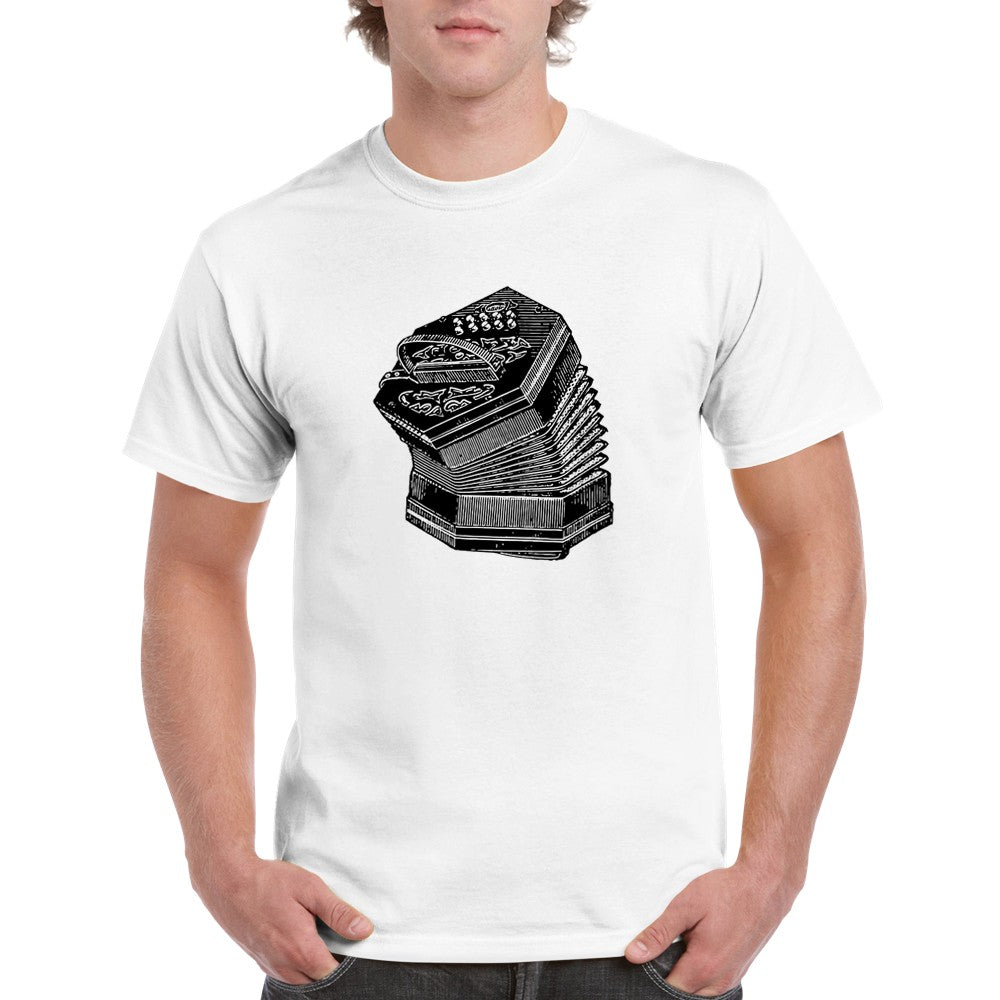 guy wearing a vintage unisex tee shirt with a black and white design of an old Irish concertina. Perfect for Celtic music lovers, folk instrument enthusiasts, and fans of Irish traditional music. Ideal music lover gift or musician apparel.