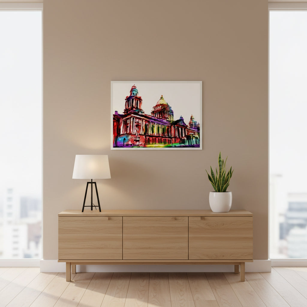 45x60 cm colourful Belfast City Hall artwork in white frame, centred above a simple oak sideboard with a lamp and small plant, soft beige wall, modern Nordic living room, realistic photography.