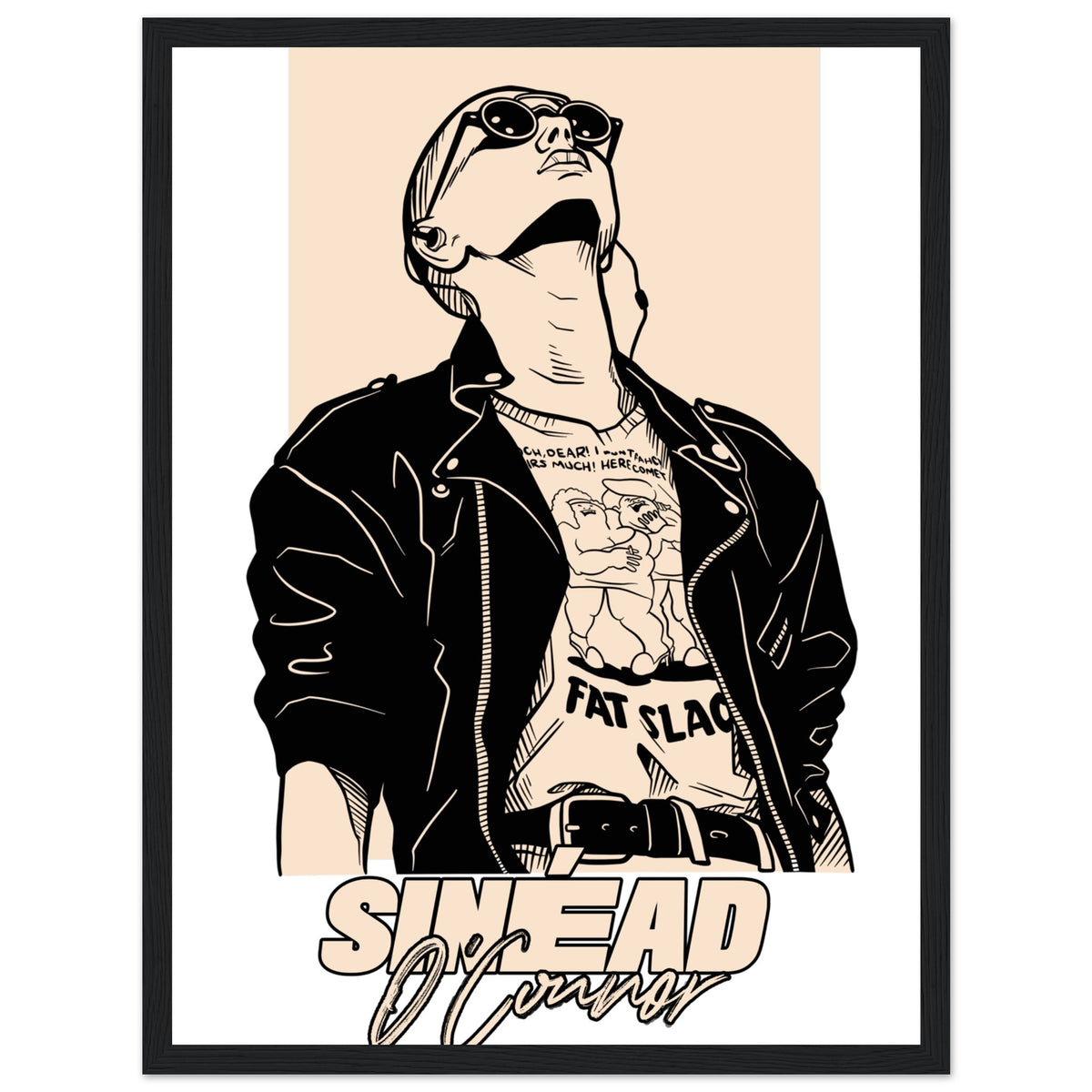 Sinéad O'Connor portrait art print in a wide black frame, leather jacket and sunglasses, front view