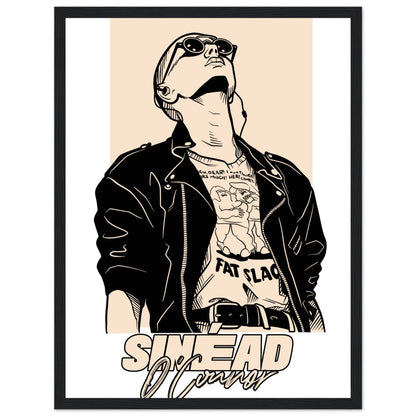 Sinéad O'Connor portrait art print in a wide black frame, leather jacket and sunglasses, front view