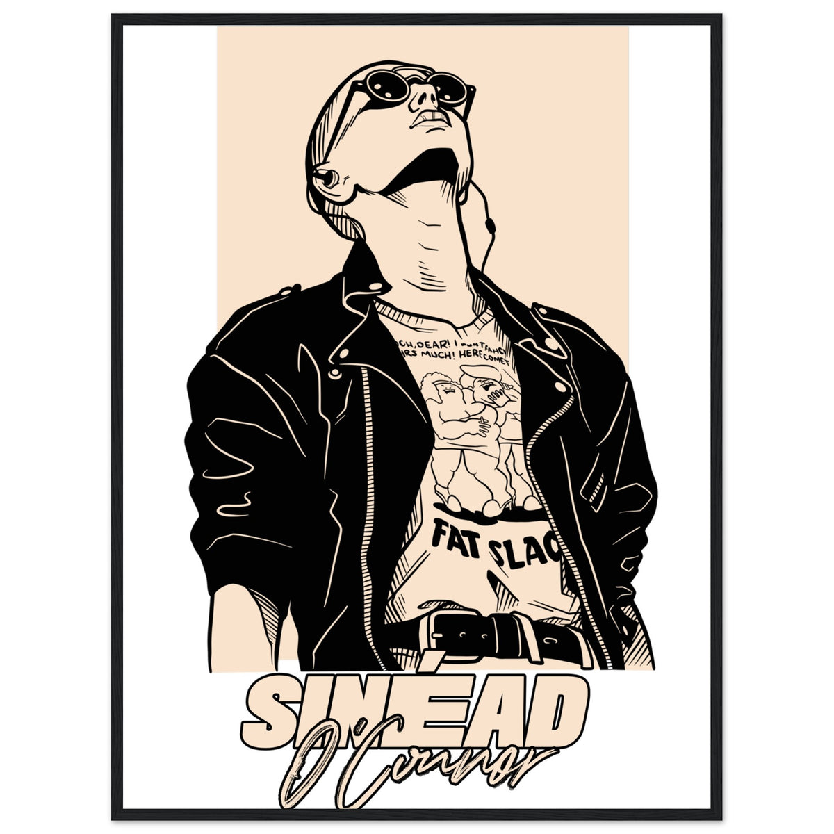 Sinéad O'Connor portrait art print in a black frame, leather jacket and sunglasses, front view