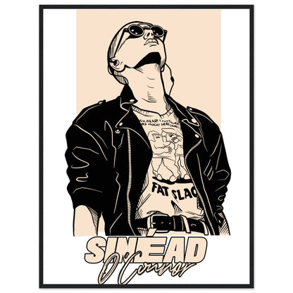 Sinéad O'Connor portrait art print in a black frame, leather jacket and sunglasses, front view