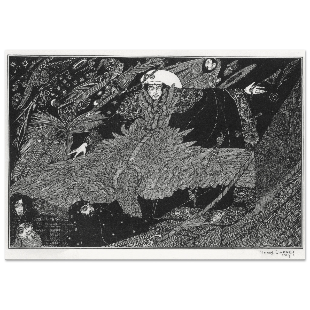 The Albatross About His Neck by Harry Clarke, black and white illustration for The Rime of the Ancient Mariner