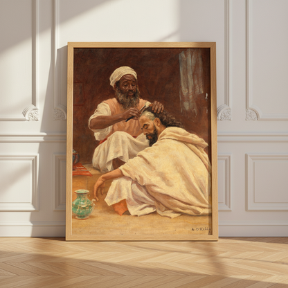 A Barber, Morocco by Aloysius O'Kelly in an oak frame leaning against a panelled wall on a wooden floor