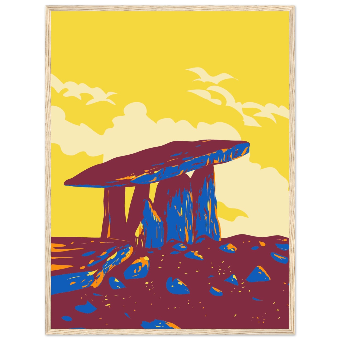 Vintage framed travel poster art print of Poulnabrone Dolmen in County Clare's Burren. Neolithic tomb set against limestone backdrop, ideal for home decor or as a thoughtful gift capturing Ireland's ancient allure.