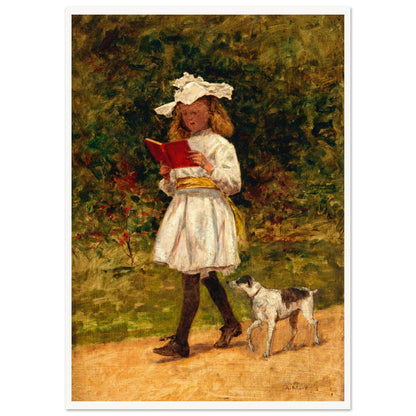 A Young Girl Reading by Aloysius O'Kelly with a thin white frame, girl in white reading outdoors