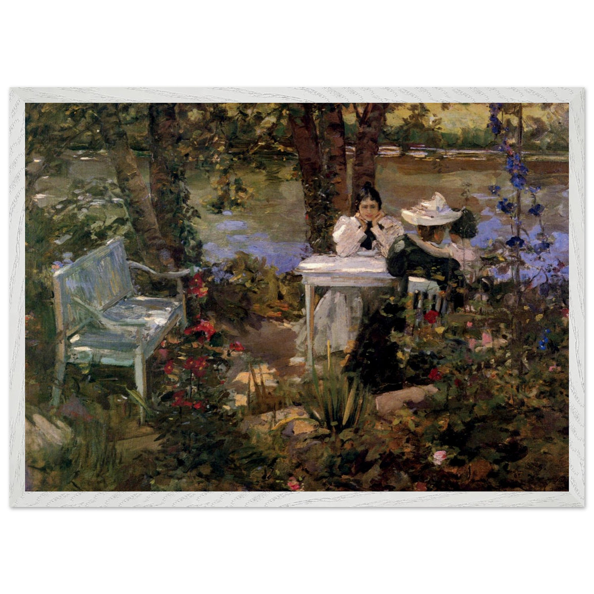 A Garden in France by Sir John Lavery, 1898, two women at a white table in a riverside garden, white frame