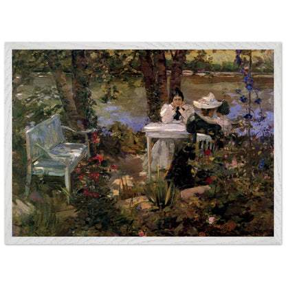 A Garden in France by Sir John Lavery, 1898, two women at a white table in a riverside garden, white frame