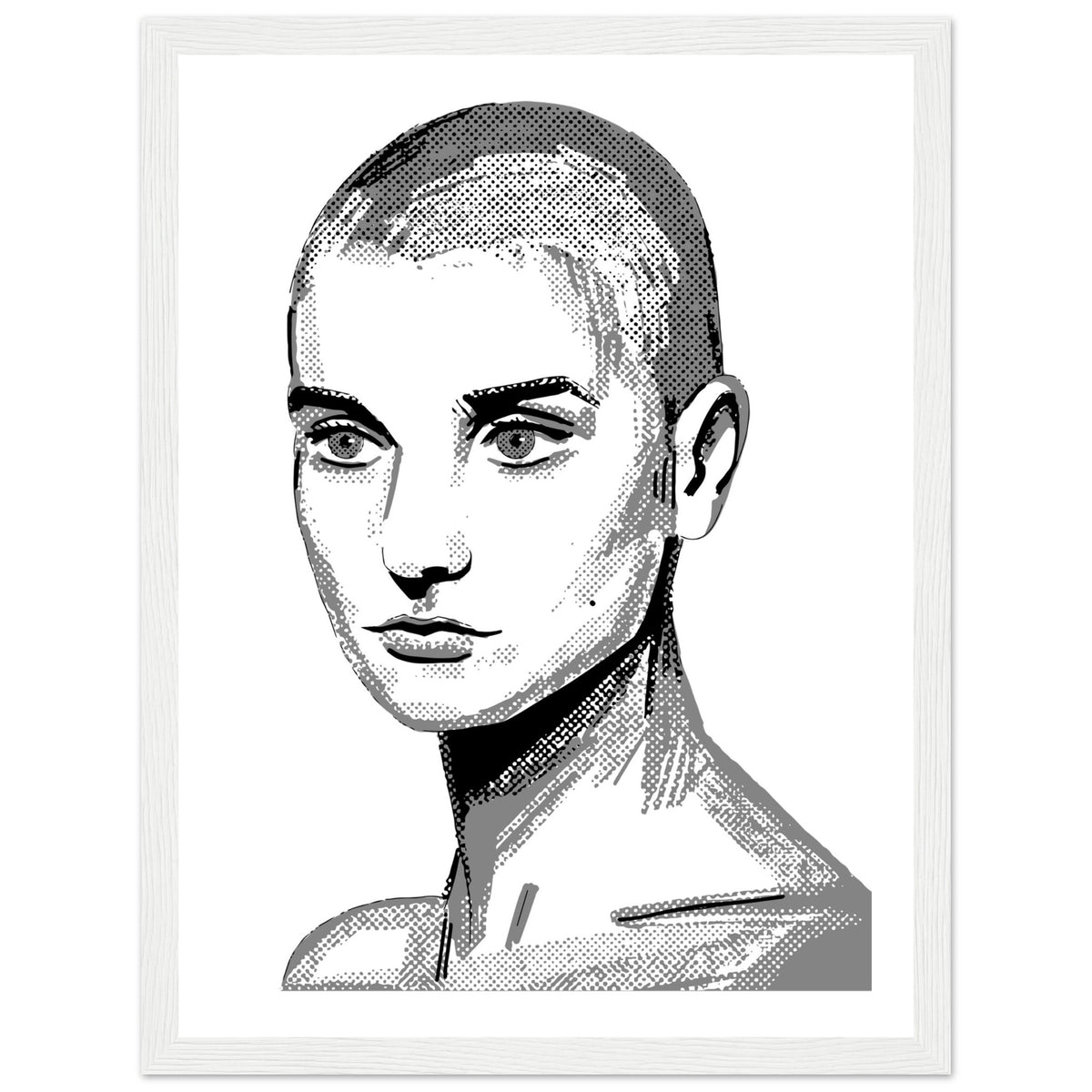 Black and white Sinéad O'Connor poster print in a thin white frame, front view