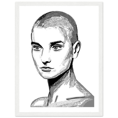 Black and white Sinéad O'Connor poster print in a thin white frame, front view