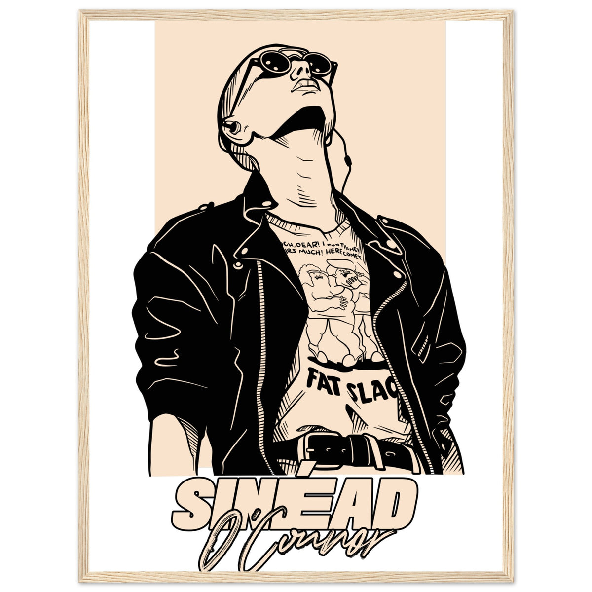 Sinéad O'Connor portrait art print in a natural oak frame, leather jacket and sunglasses, front view