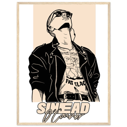 Sinéad O'Connor portrait art print in a natural oak frame, leather jacket and sunglasses, front view
