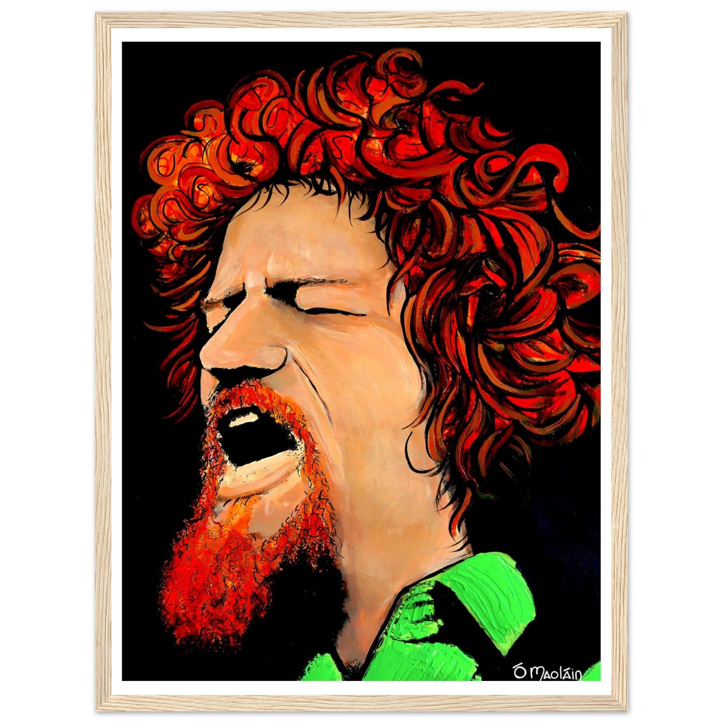 Working Class Hero by Ó Maoláin is a giclée print depicting Irish singer and folk musician Luke Kelly. The artwork captures Kelly's robust presence, reflecting his working-class roots and influential role in the folk music revival.