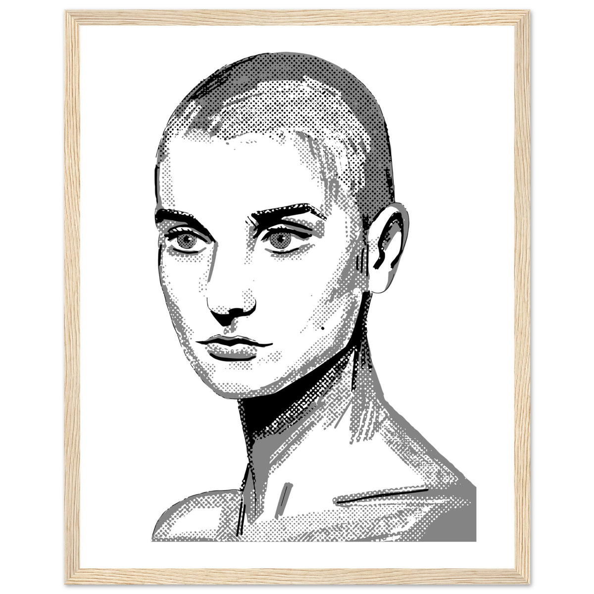 Sinéad O'Connor portrait drawing in black and white with shaved head, poster in an oak frame