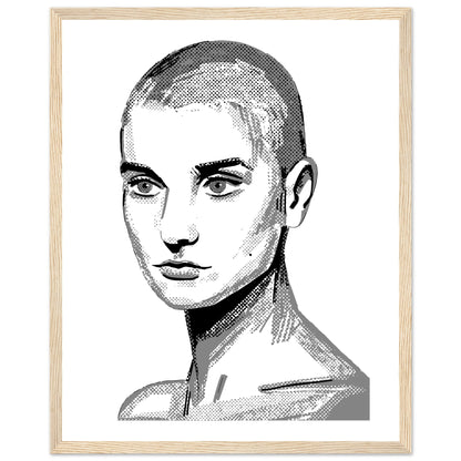 Sinéad O'Connor portrait drawing in black and white with shaved head, poster in an oak frame