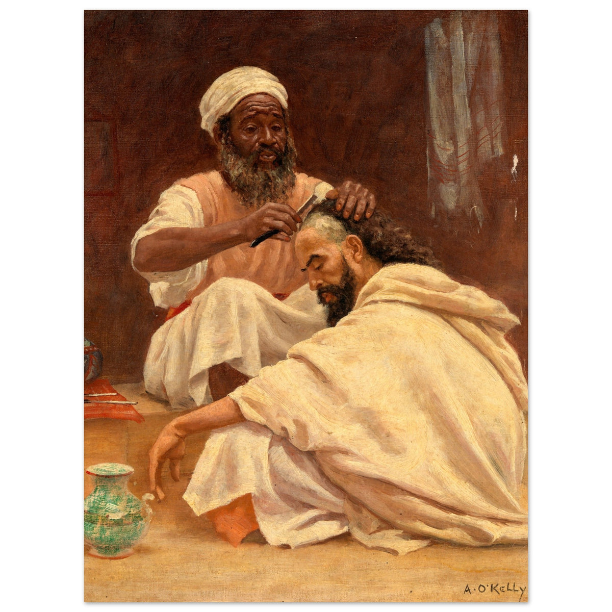 Aloysius O'Kelly painting of a Moroccan barber, unframed print, straight-on view
