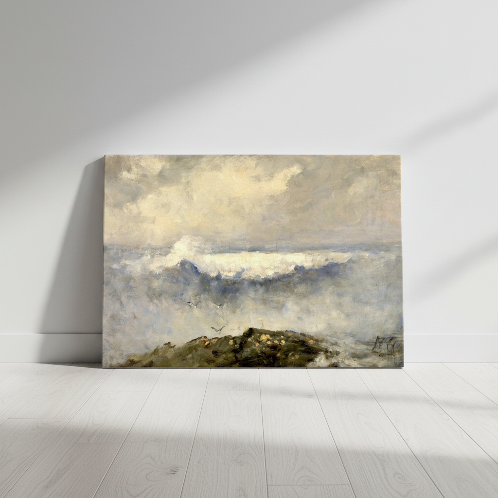 The Wave by Nathaniel Hone the Younger canvas print leaning against a white wall on a pale floor