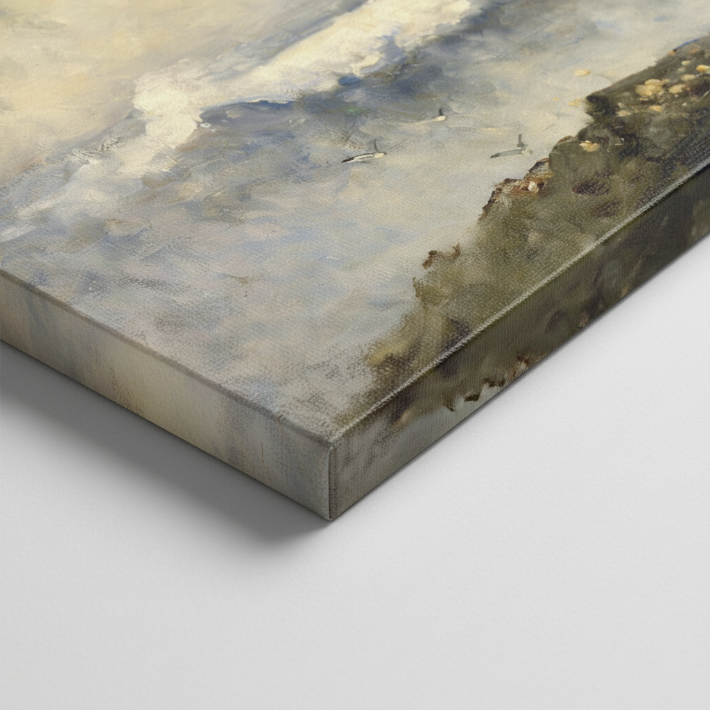 Close-up of the canvas corner on The Wave print showing the sea and rocks wrapped over the edge