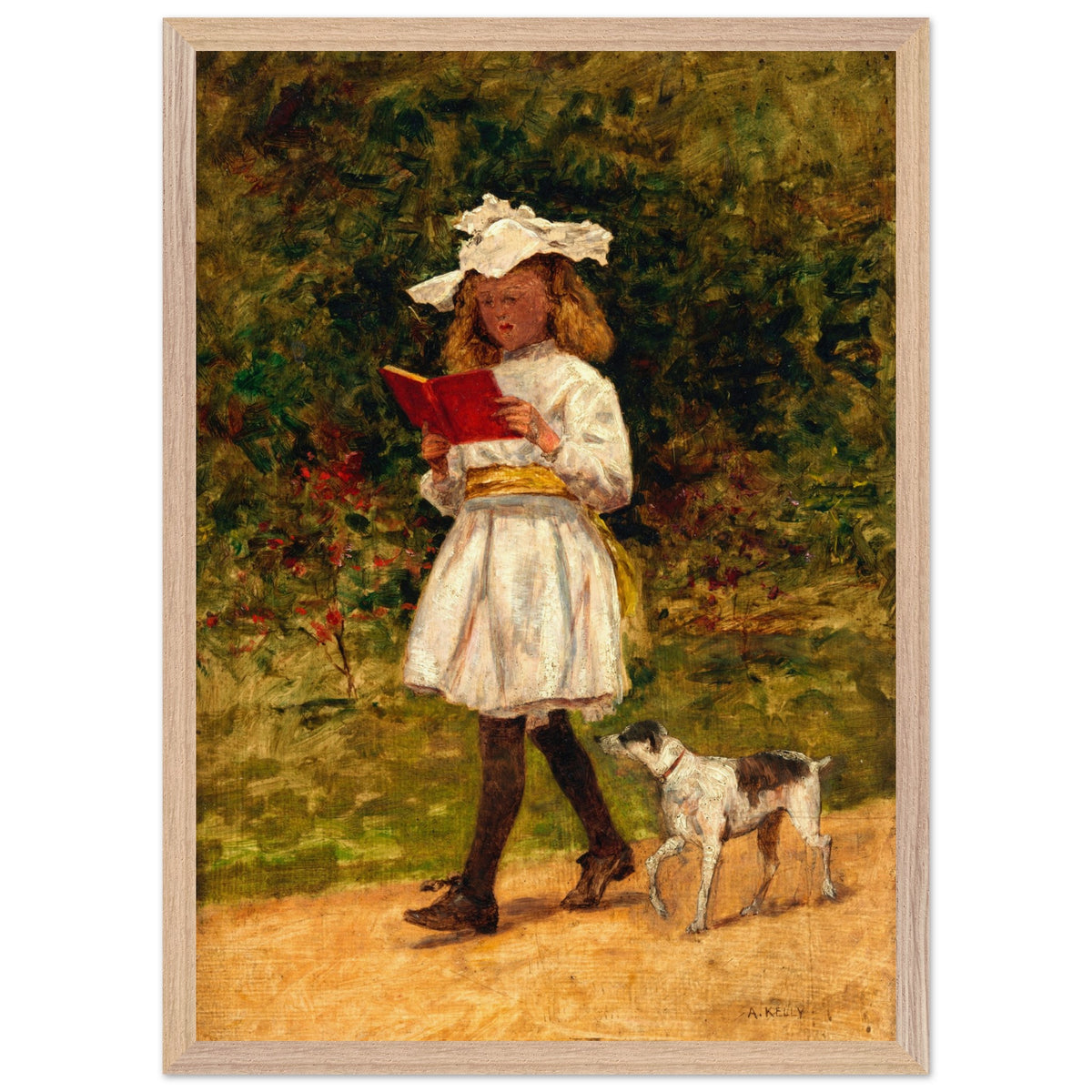 A Young Girl Reading by Aloysius O'Kelly in a natural oak frame, girl reading with her dog