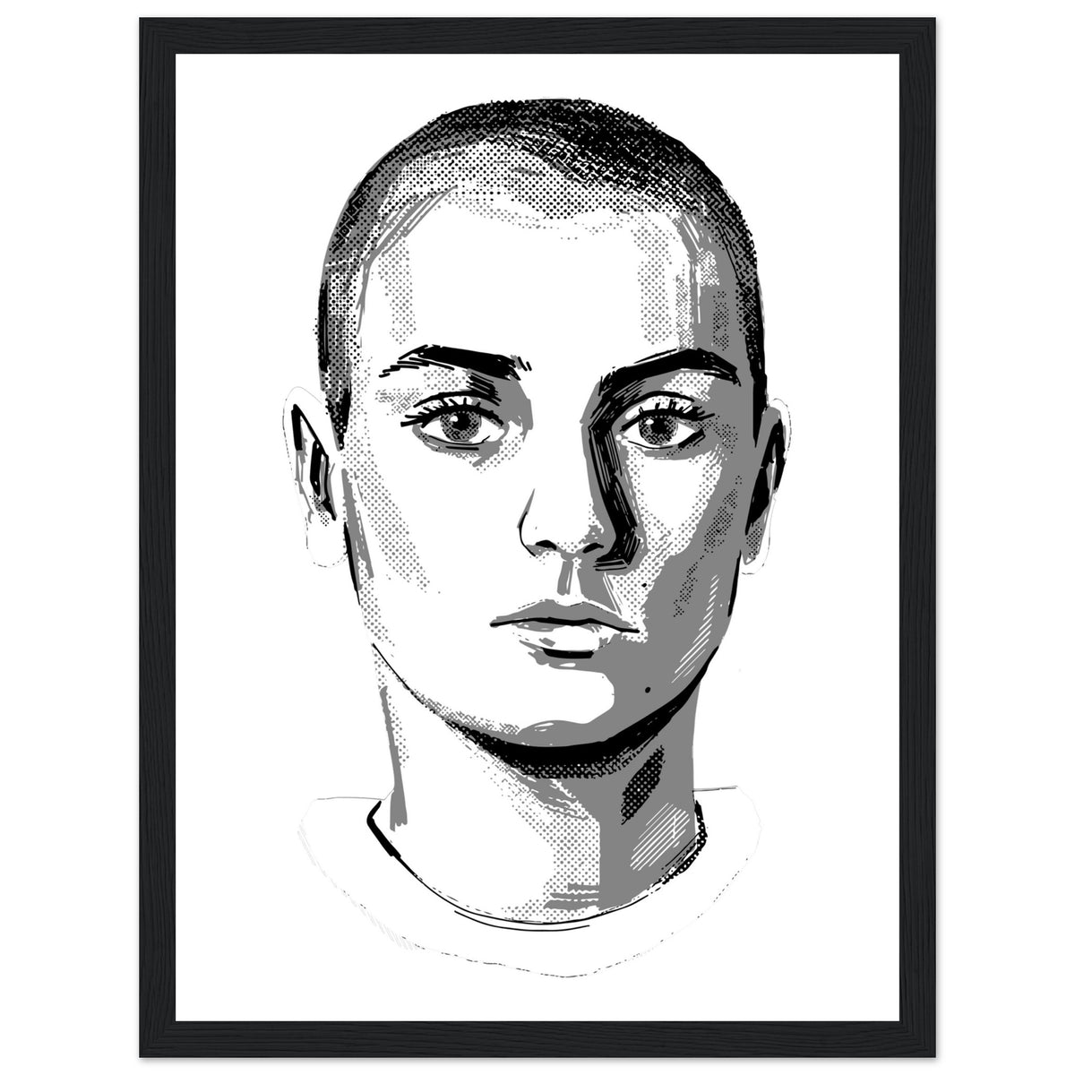 Sinéad O'Connor black and white portrait print in a black frame, close-cropped hair and direct gaze