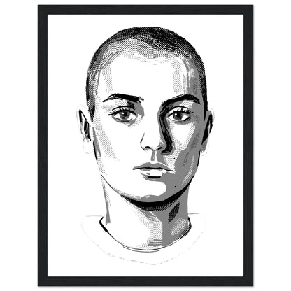 Sinéad O'Connor black and white portrait print in a black frame, close-cropped hair and direct gaze