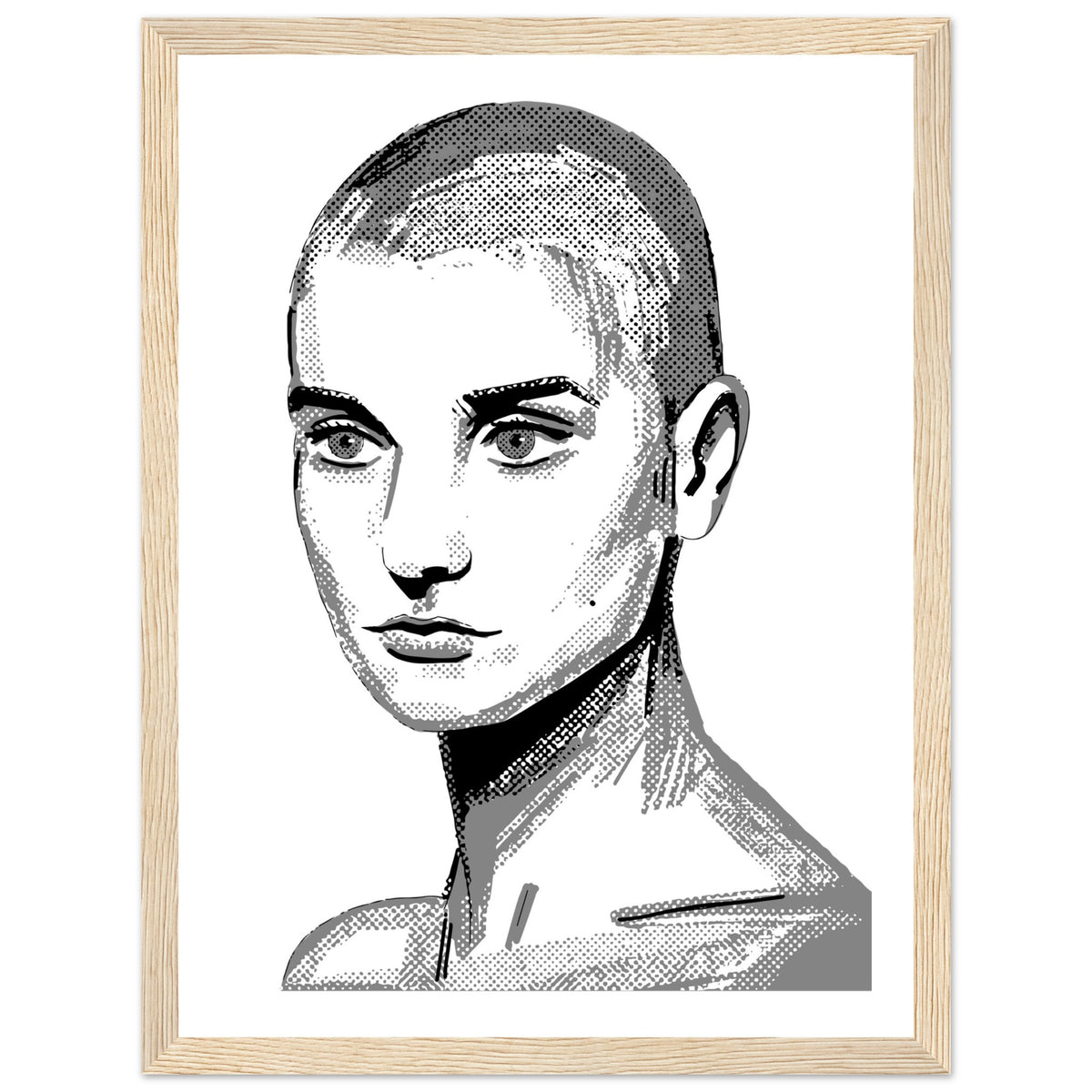 Black and white Sinéad O'Connor poster print in a natural oak frame, front view