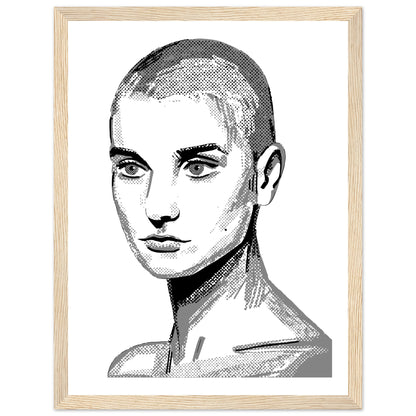 Black and white Sinéad O'Connor poster print in a natural oak frame, front view