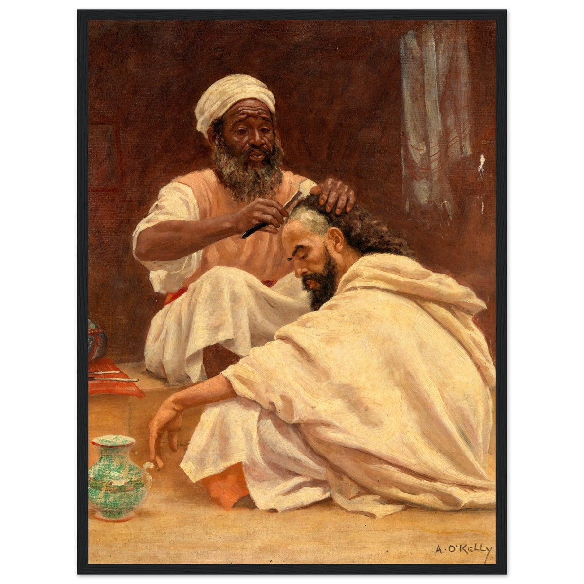 Black-framed print of A Barber, Morocco, Moroccan barber painting by Aloysius O'Kelly