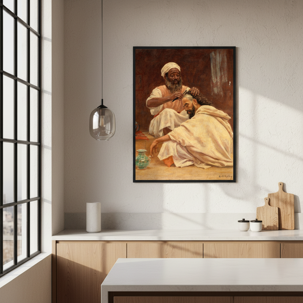 A Barber, Morocco by Aloysius O'Kelly in a black frame above a kitchen counter in a bright room