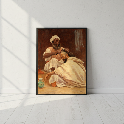 A Barber, Morocco by Aloysius O'Kelly framed print in a black frame leaning against a white wall on a pale wooden floor