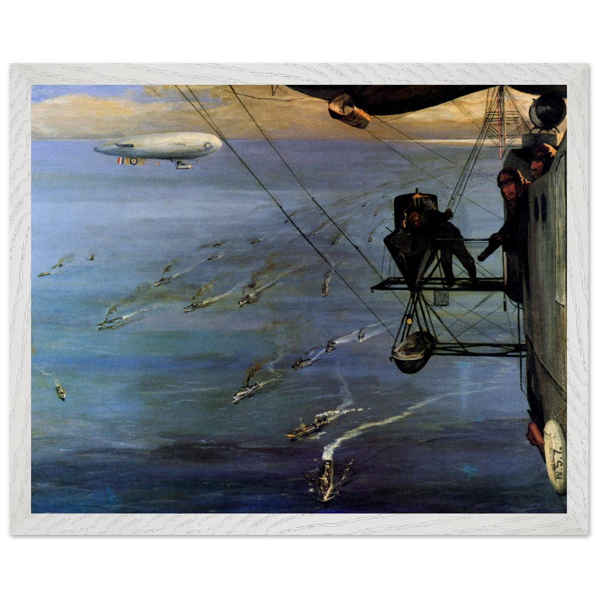 A Convoy, North Sea by John Lavery print in a pale white frame, airship crew looking down at the sea