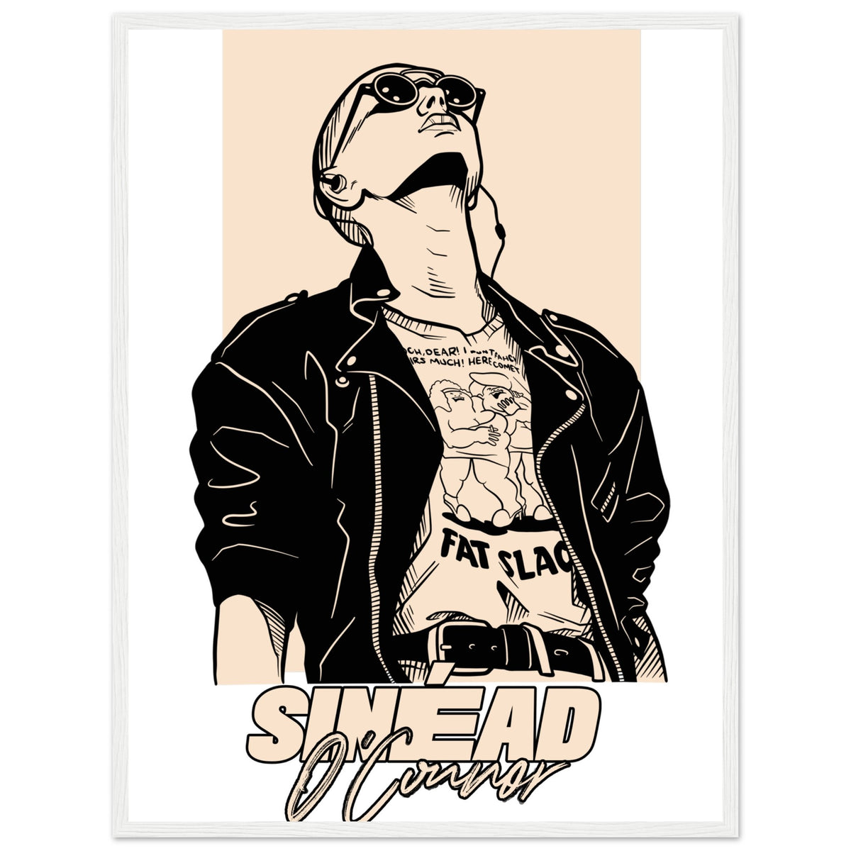 Sinéad O'Connor portrait art print in a white frame with a wide border, leather jacket and sunglasses