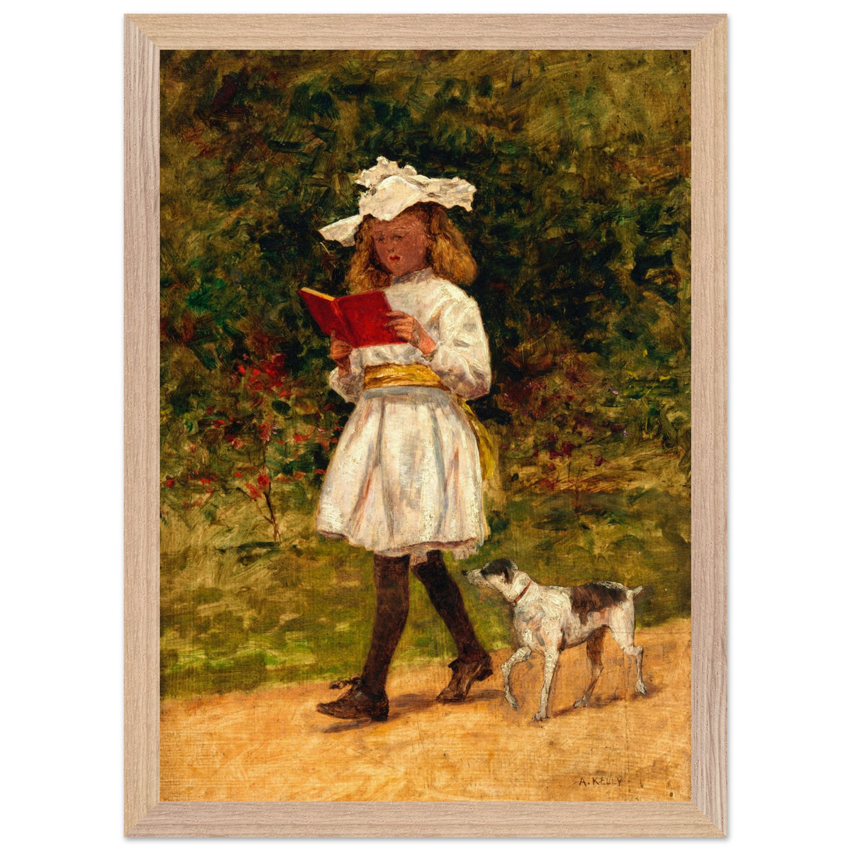 A Young Girl Reading by Aloysius O'Kelly in a pale oak frame, girl reading in a garden with a dog