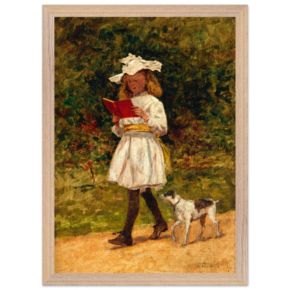 A Young Girl Reading by Aloysius O'Kelly in a pale oak frame, girl reading in a garden with a dog