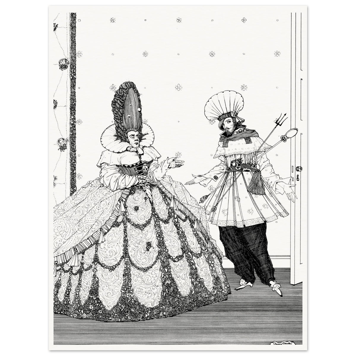 Sleeping Beauty by Harry Clarke, lady in towering headdress and patterned gown, unframed print
