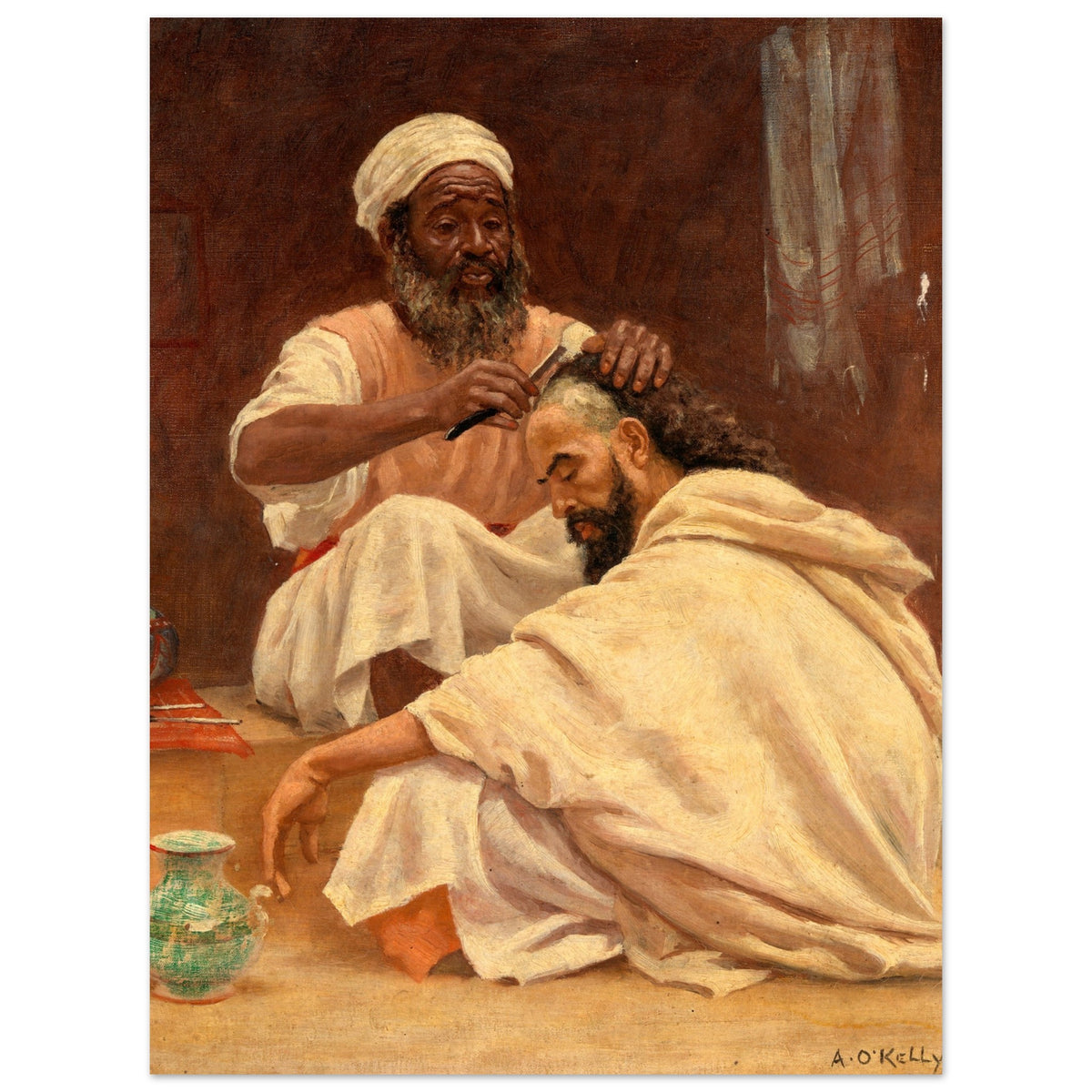 Unframed print of A Barber, Morocco, a Moroccan barber at work by Irish artist Aloysius O'Kelly