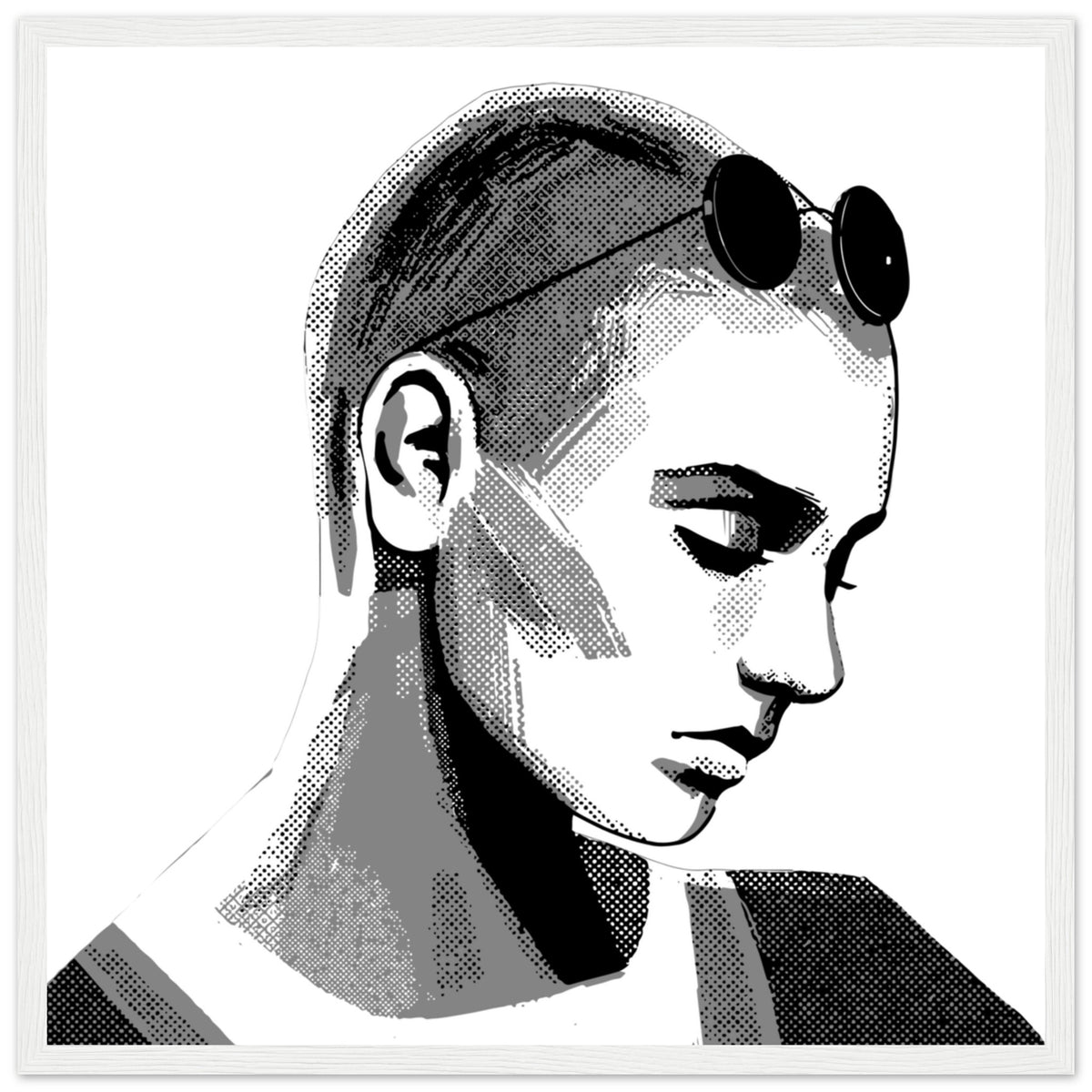 Sinéad O'Connor black and white portrait print in a white frame, straight-on view