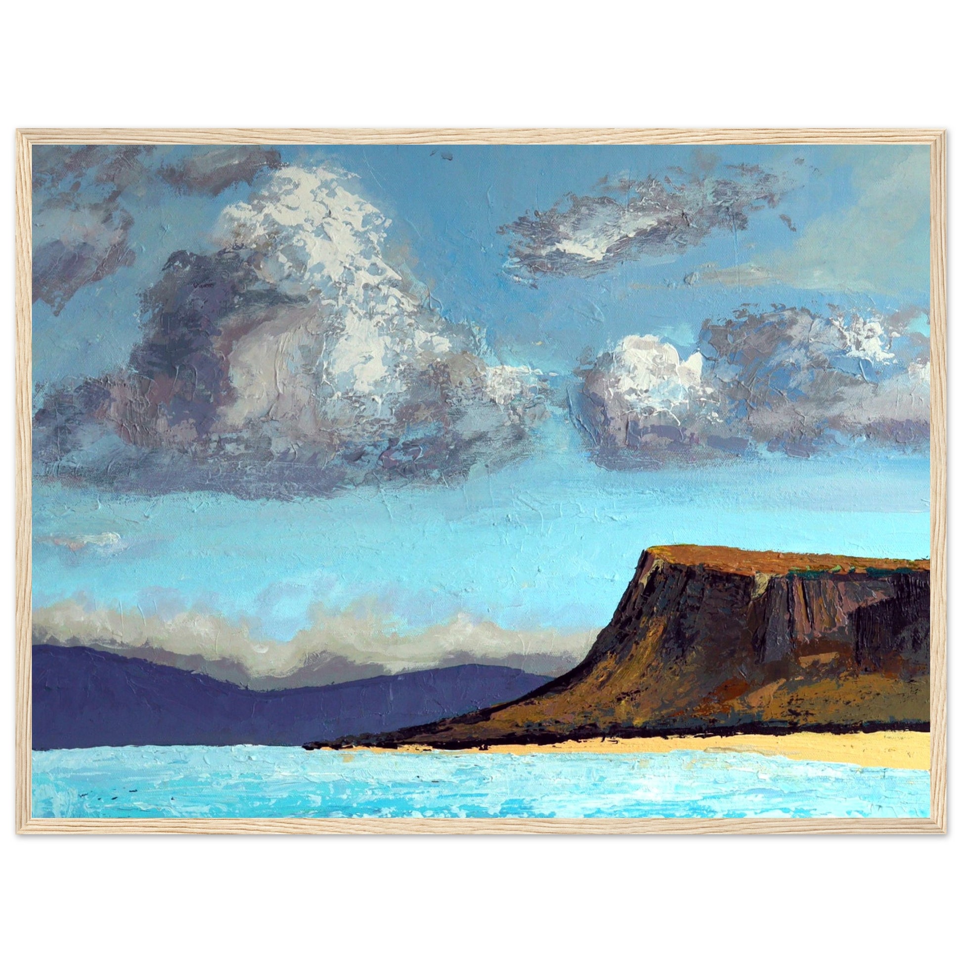 Ó Maoláin's framed art: Ballycastle beach, Fair Head distant view. Serene coastal scene, sandy shores, cliffs. County Antrim, Ireland.